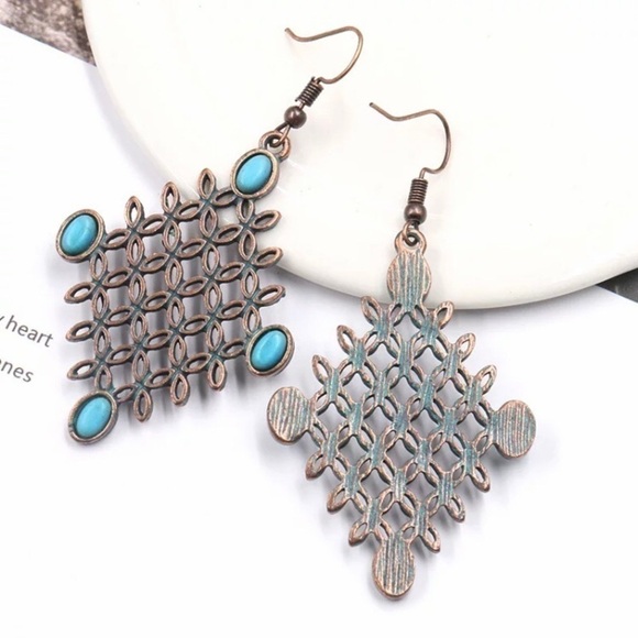 Vintage Style Bronze & Blue Tone Diamond Shaped Earrings - Picture 2 of 7